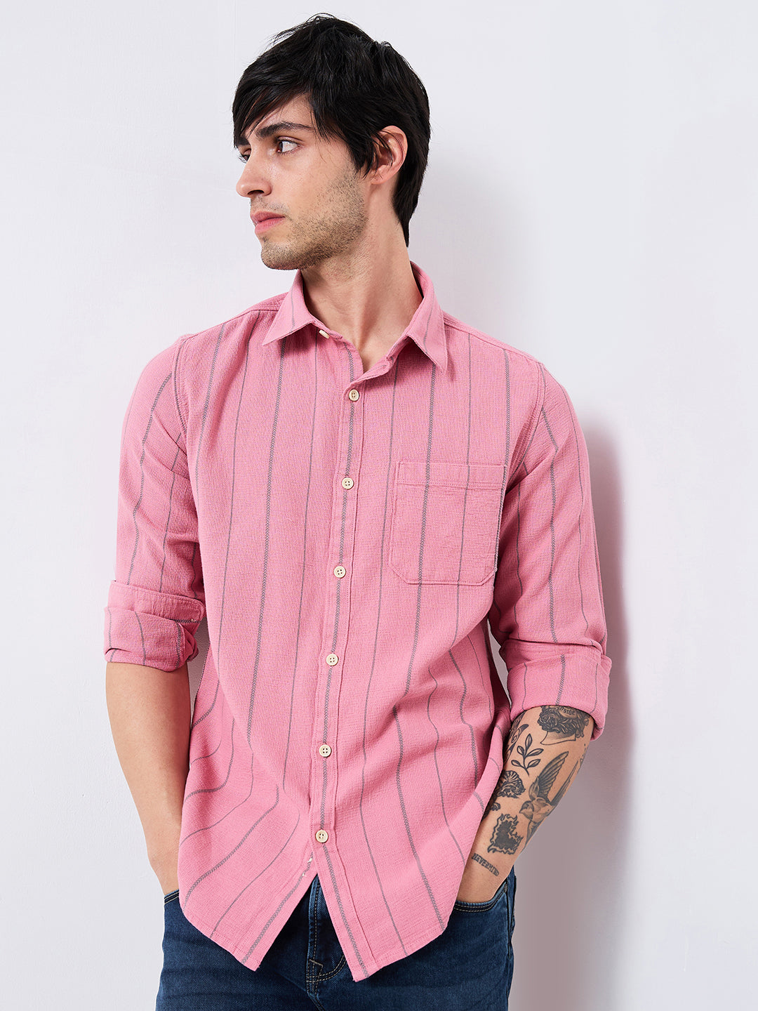 Spykar Pink Slim Fit Striped Full Sleeve Shirt For Men