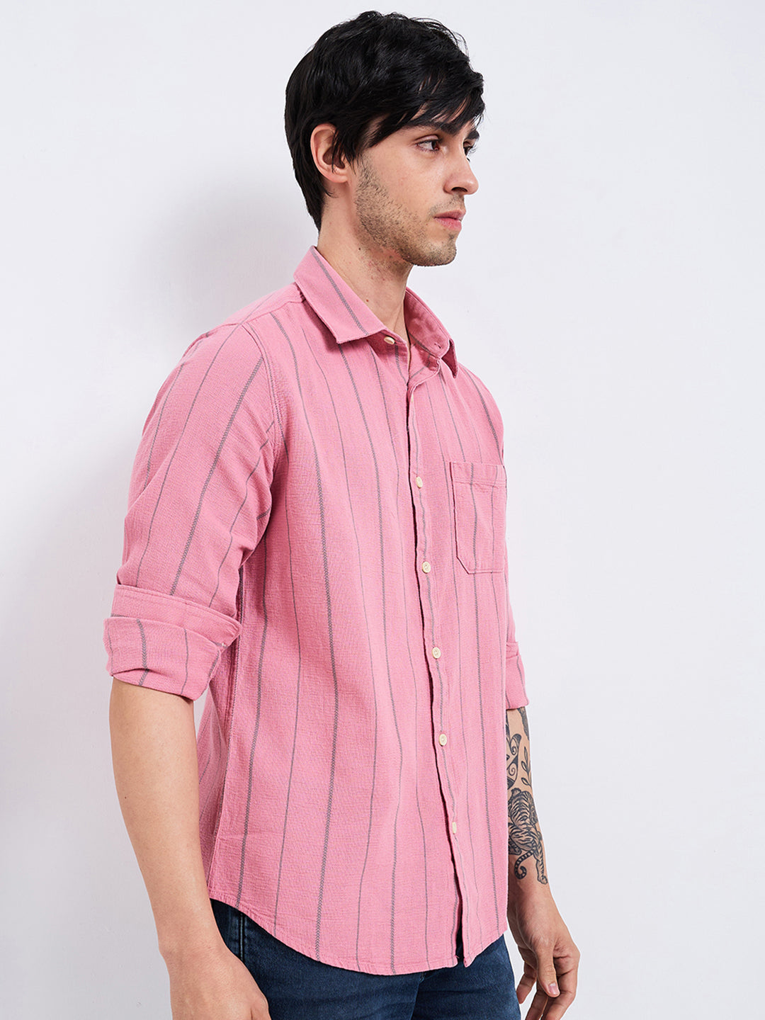 Spykar Pink Slim Fit Striped Full Sleeve Shirt For Men