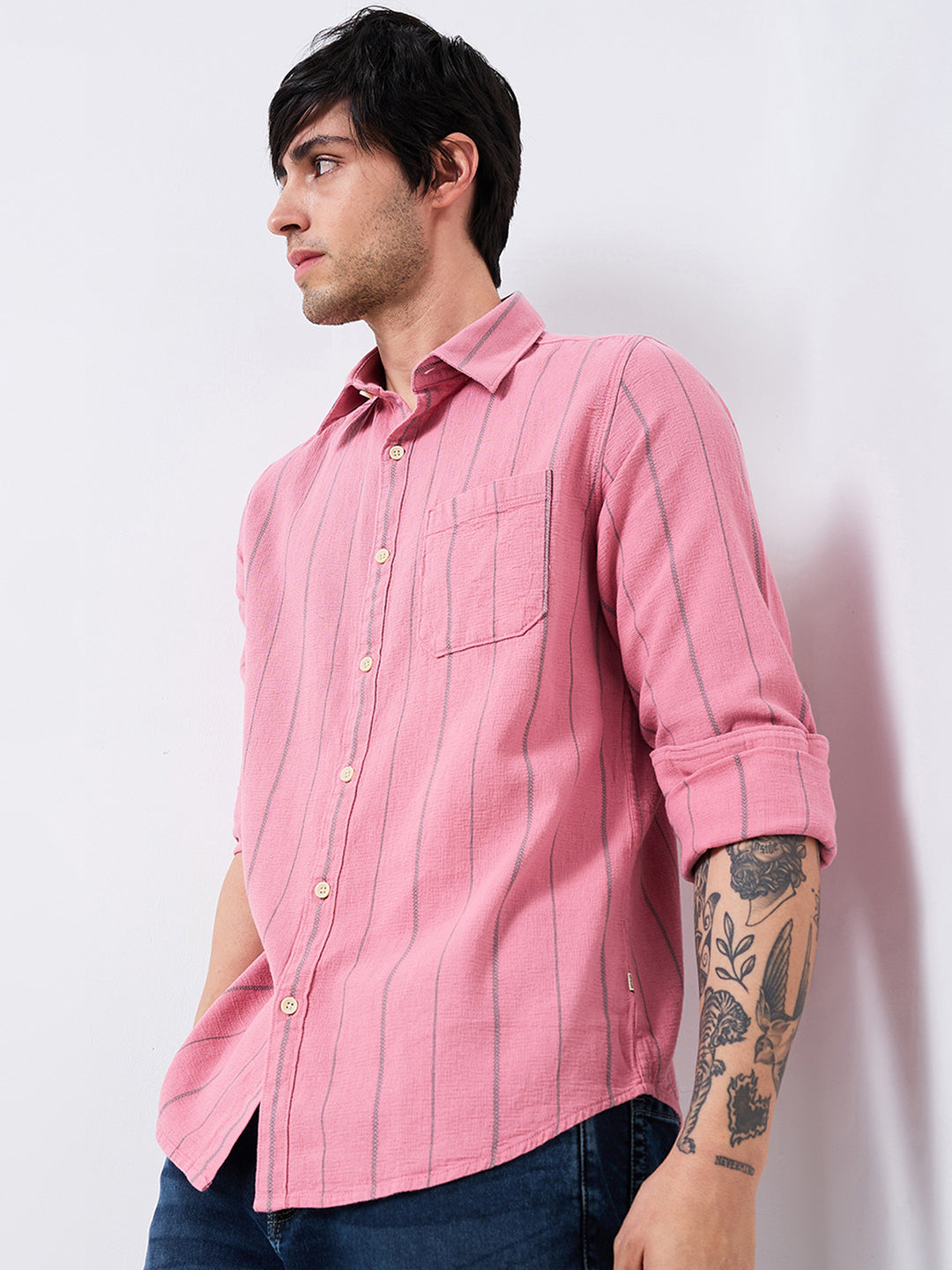 Spykar Pink Slim Fit Striped Full Sleeve Shirt For Men