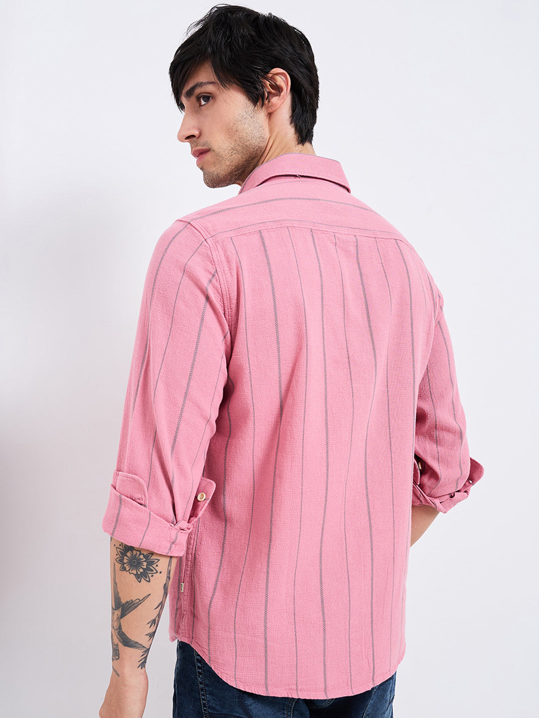 Spykar Pink Slim Fit Striped Full Sleeve Shirt For Men