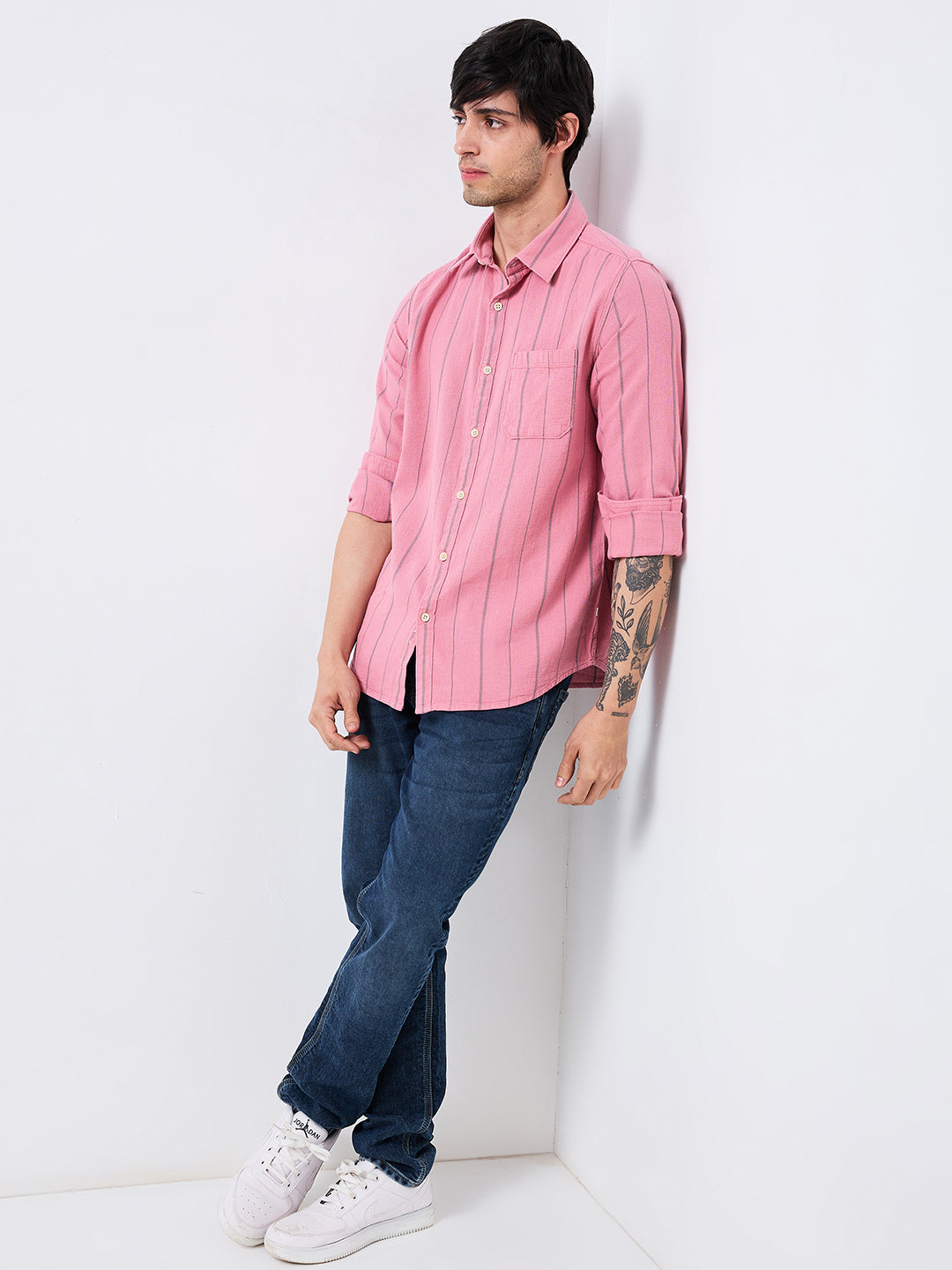 Spykar Pink Slim Fit Striped Full Sleeve Shirt For Men