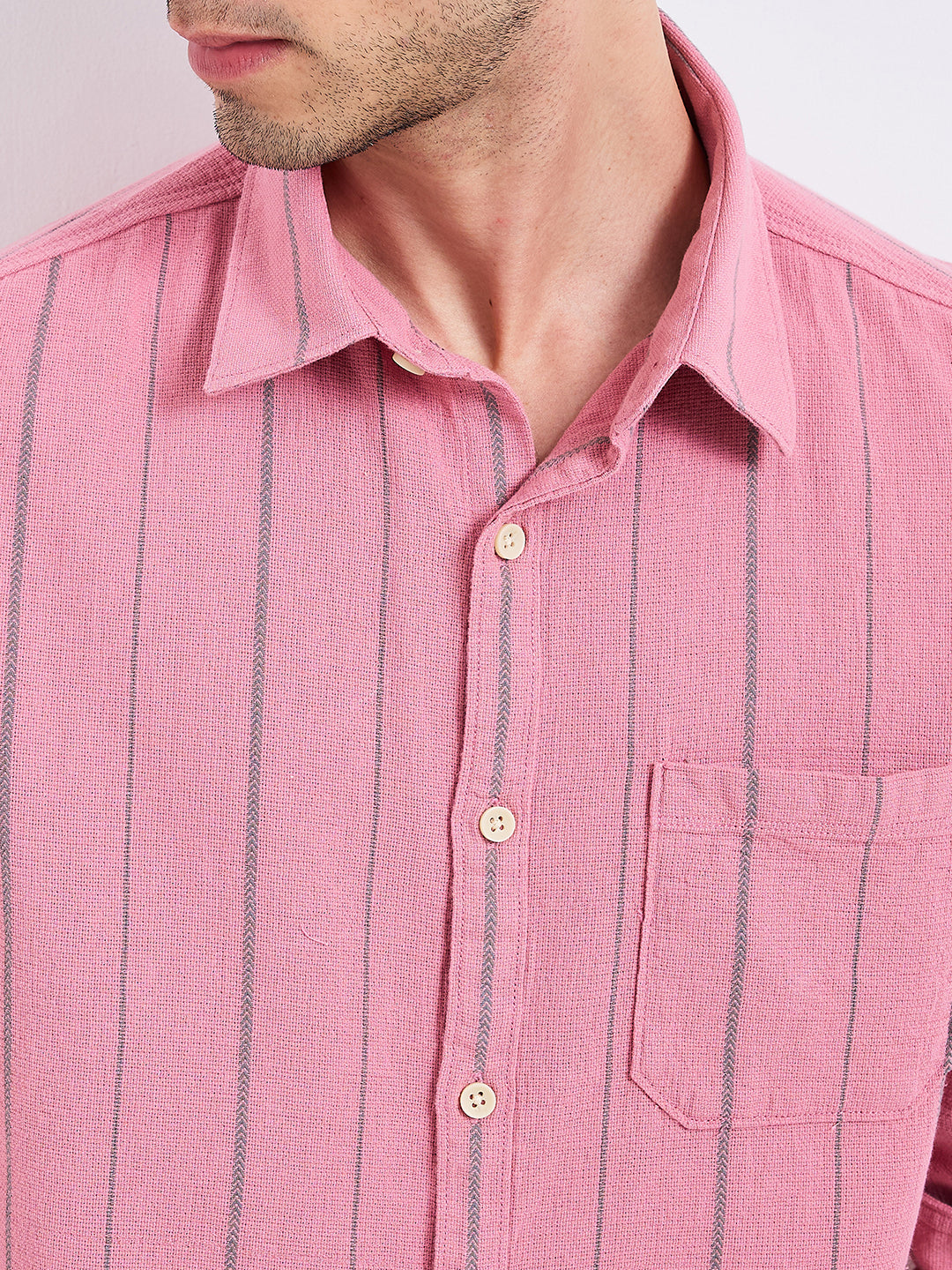 Spykar Pink Slim Fit Striped Full Sleeve Shirt For Men