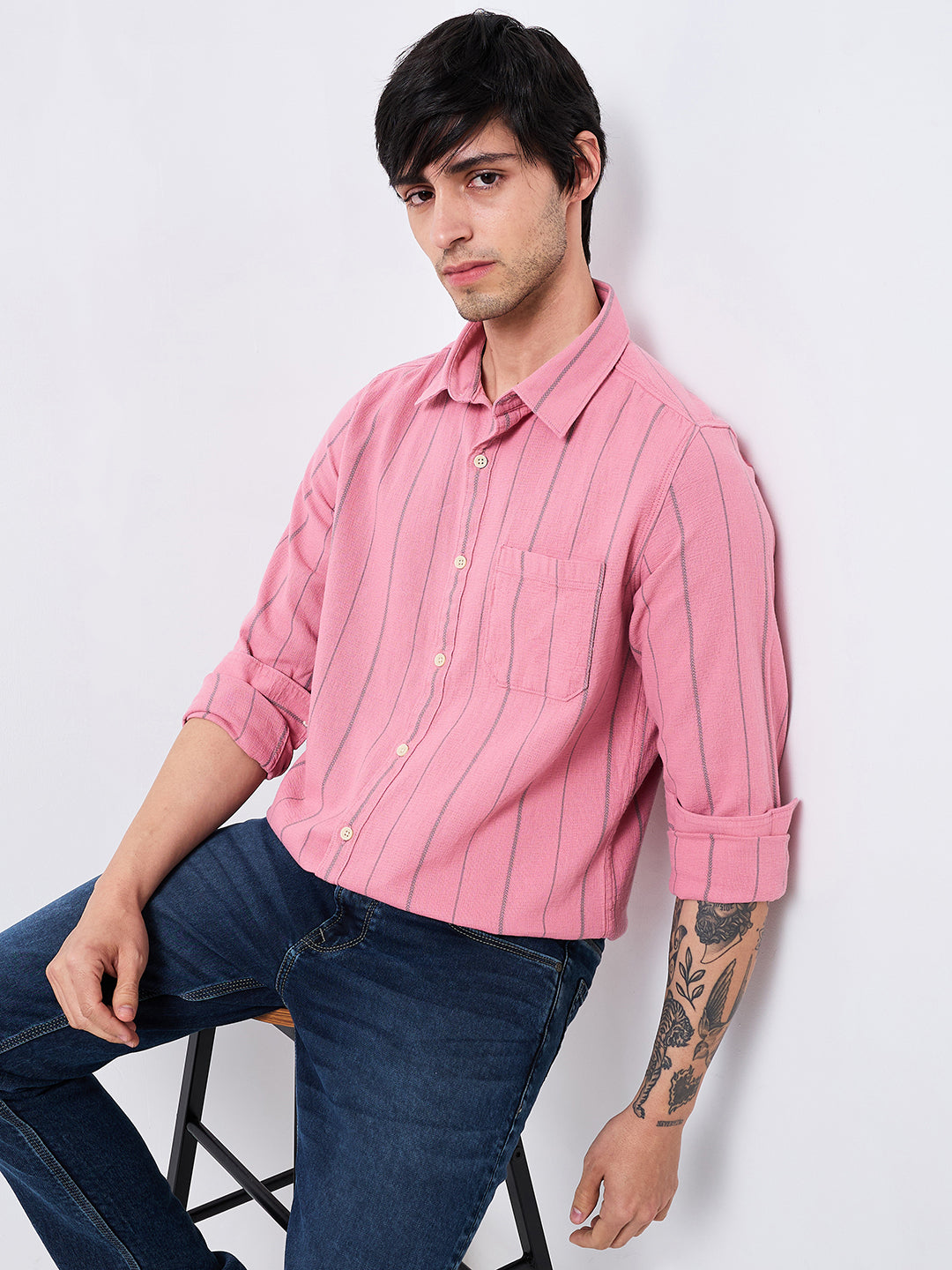 Spykar Pink Slim Fit Striped Full Sleeve Shirt For Men