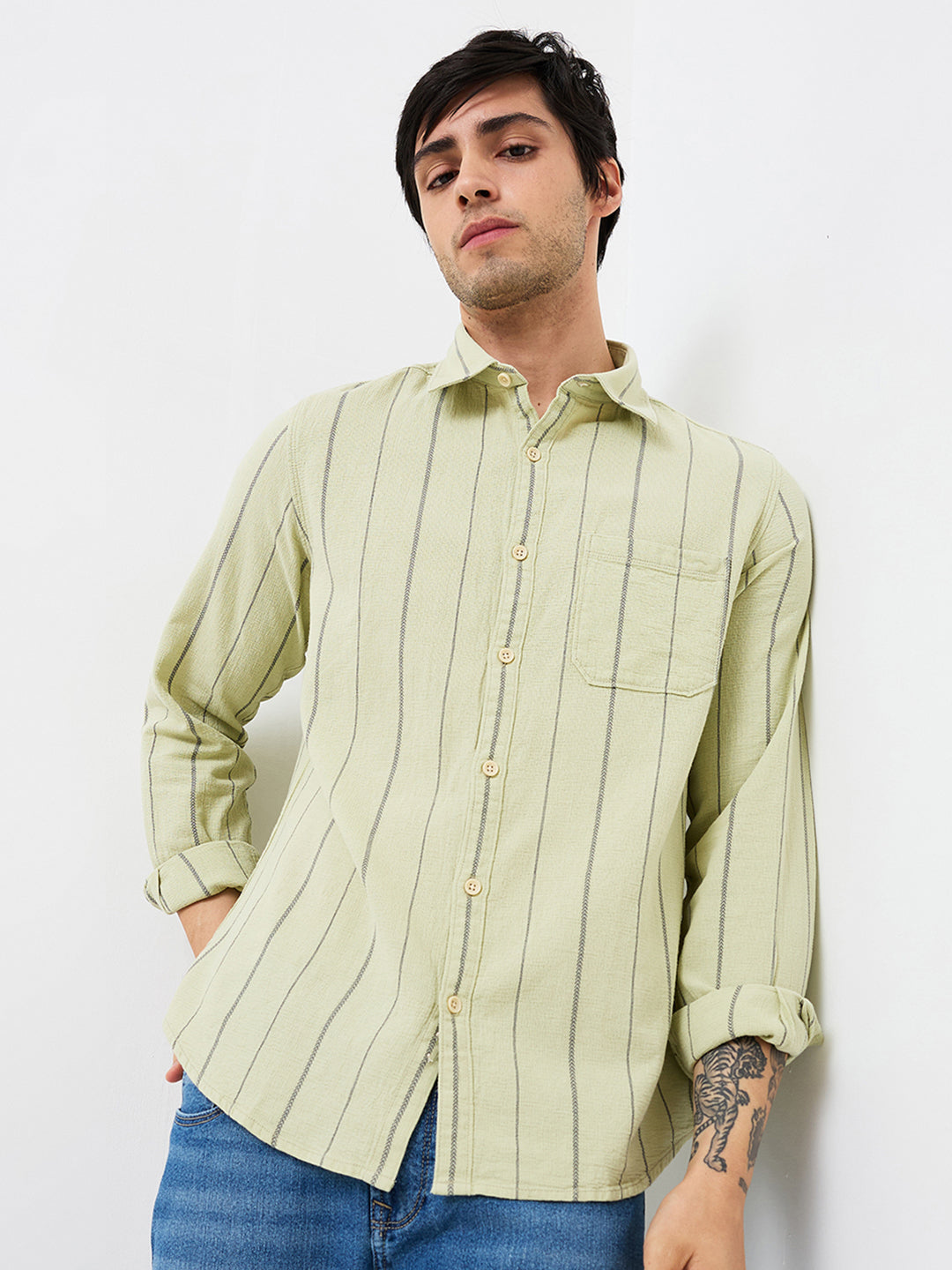 Spykar Green Slim Fit Striped Full Sleeve Shirt For Men