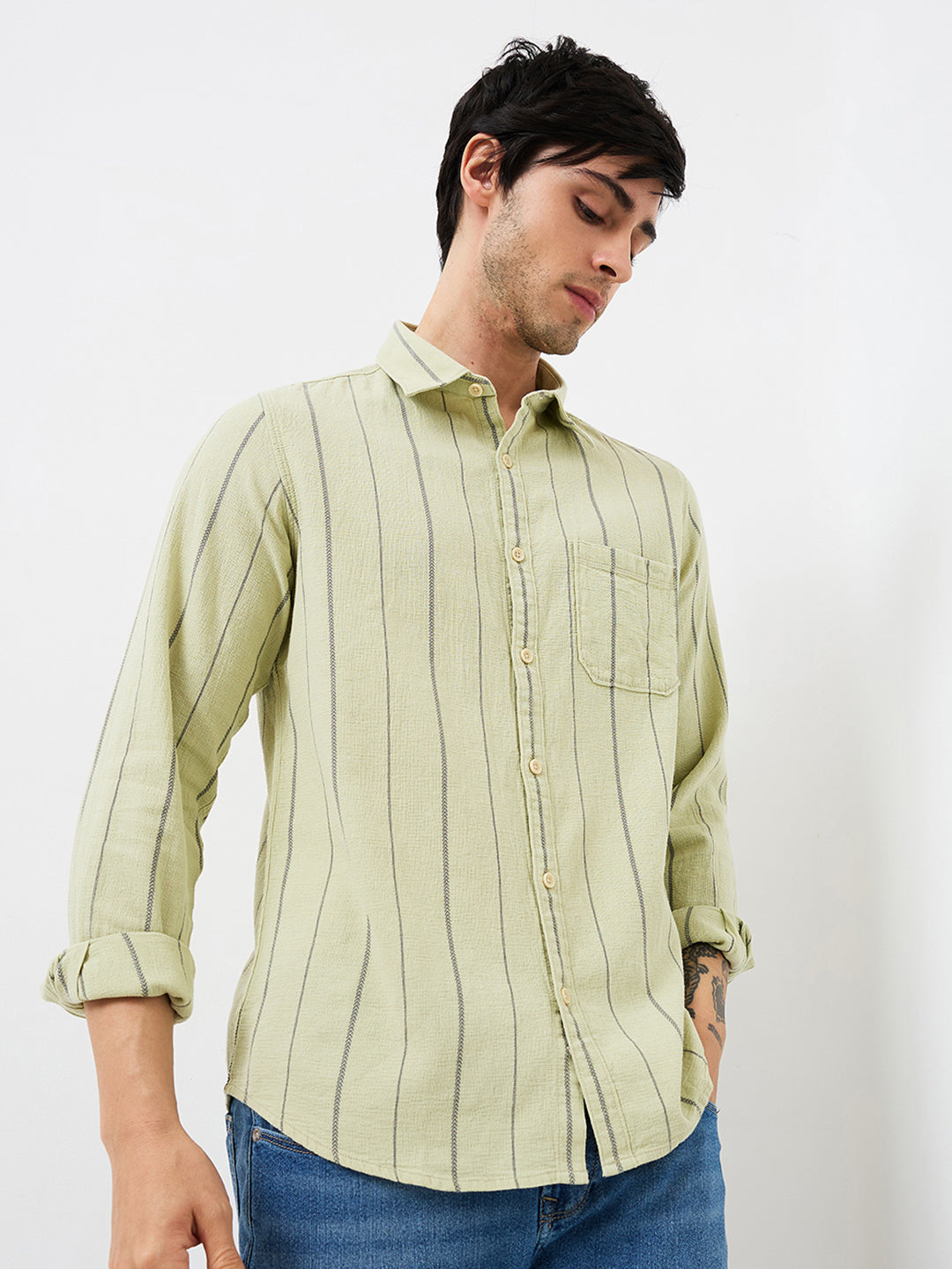 Spykar Green Slim Fit Striped Full Sleeve Shirt For Men