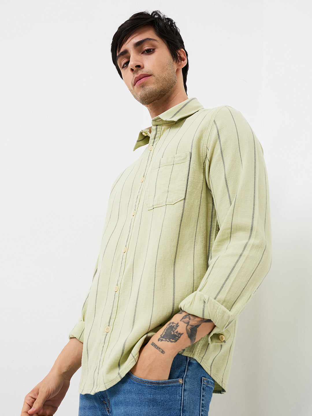 Spykar Green Slim Fit Striped Full Sleeve Shirt For Men