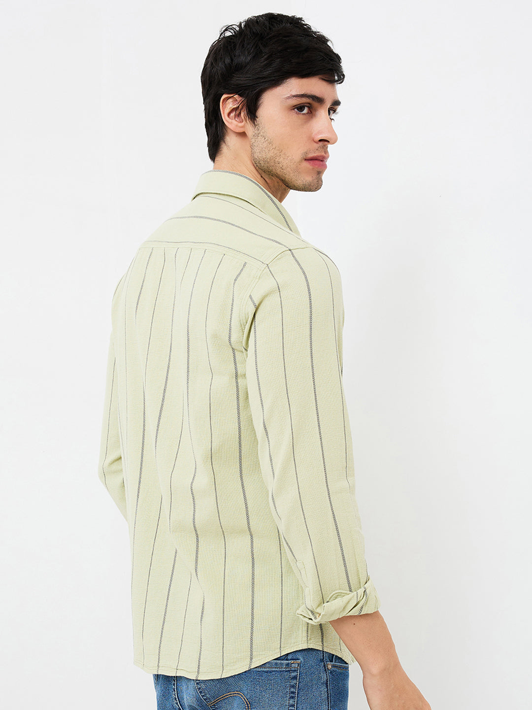 Spykar Green Slim Fit Striped Full Sleeve Shirt For Men