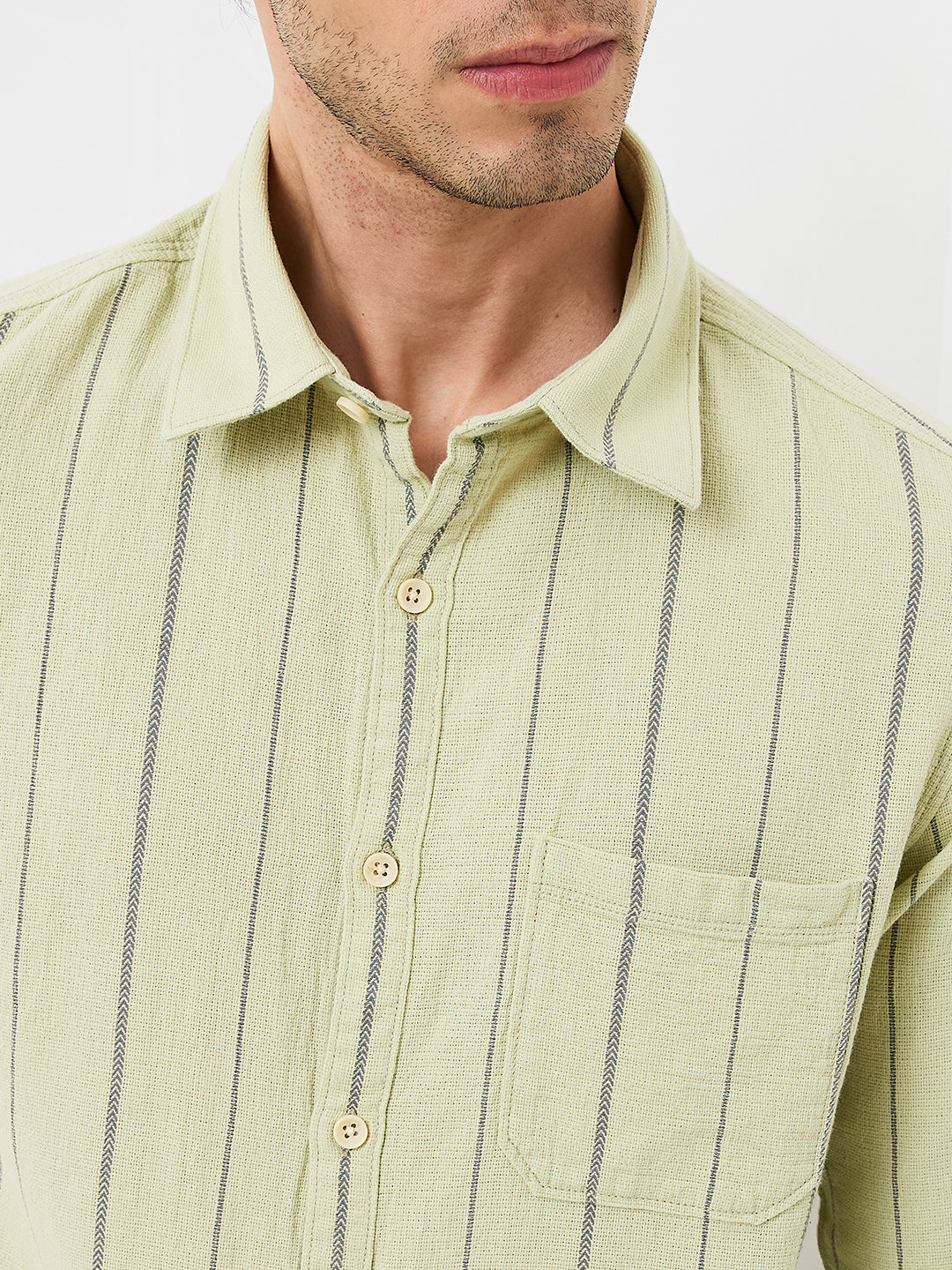 Spykar Green Slim Fit Striped Full Sleeve Shirt For Men