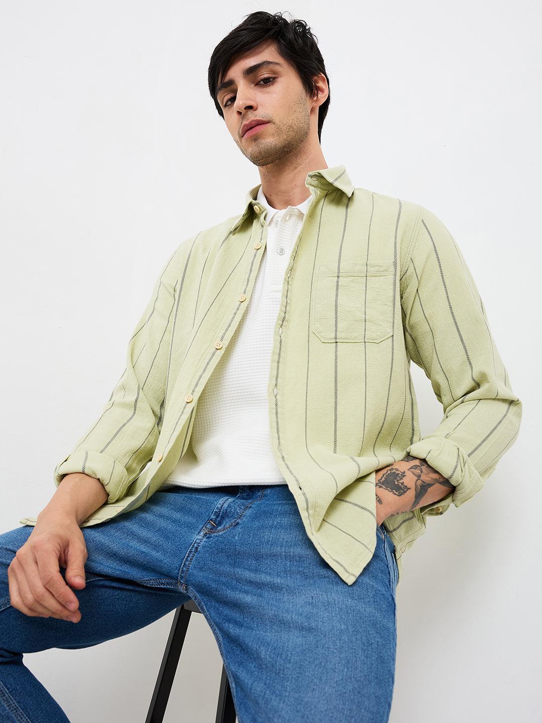 Spykar Green Slim Fit Striped Full Sleeve Shirt For Men