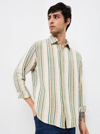 Men Beige Slim Fit Striped Full Sleeve Shirt