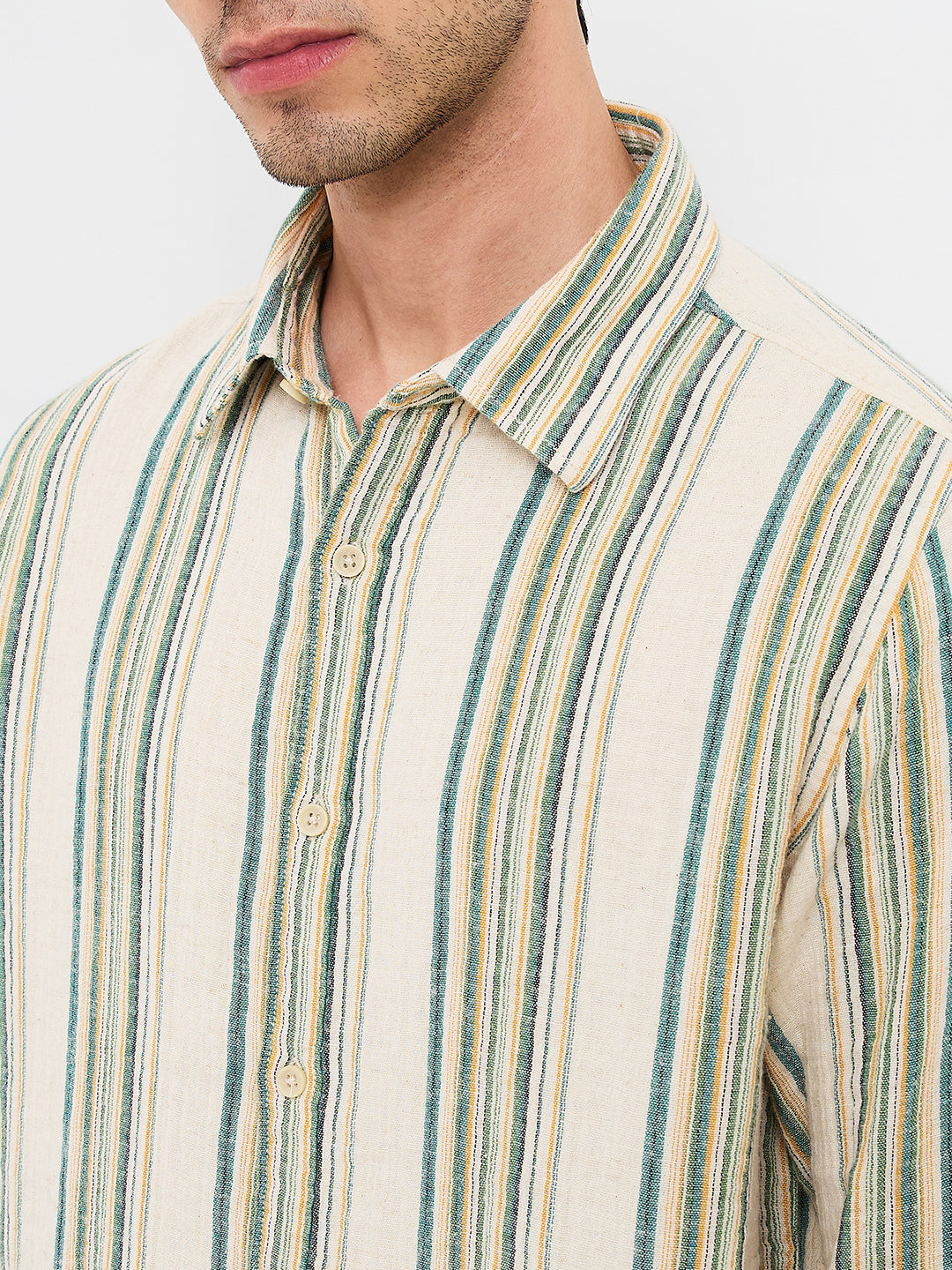 Men Beige Slim Fit Striped Full Sleeve Shirt