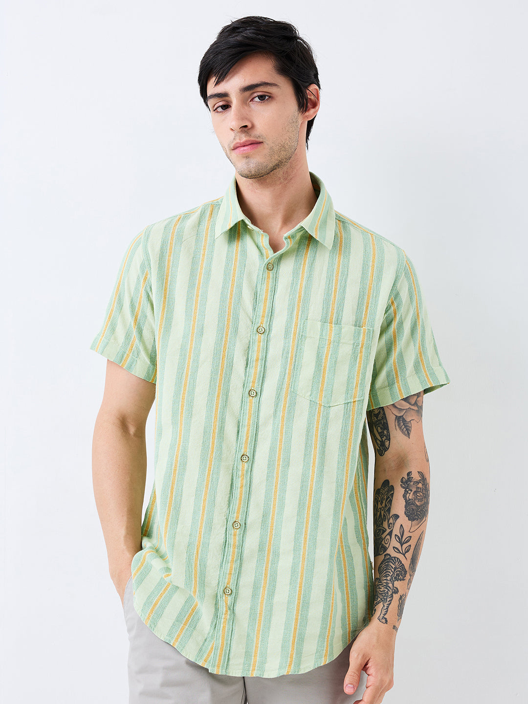 Spykar Green Slim Fit Striped Half Sleeve Shirt For Men