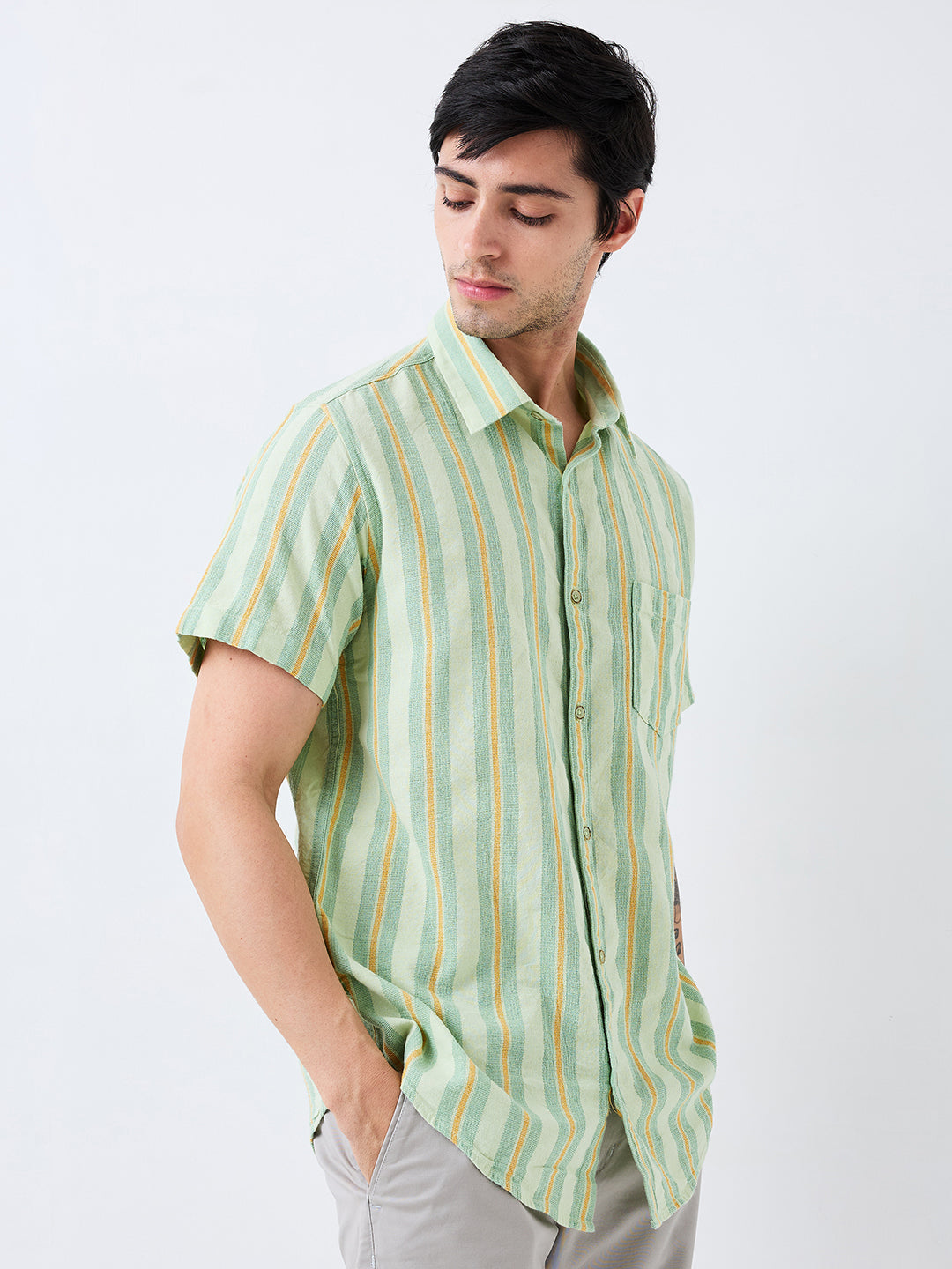 Spykar Green Slim Fit Striped Half Sleeve Shirt For Men