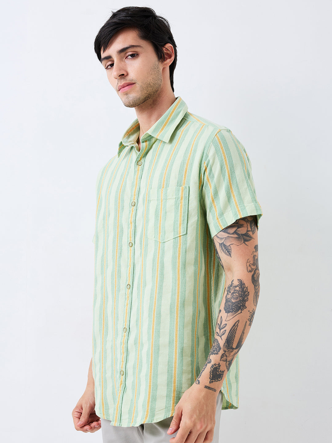 Spykar Green Slim Fit Striped Half Sleeve Shirt For Men