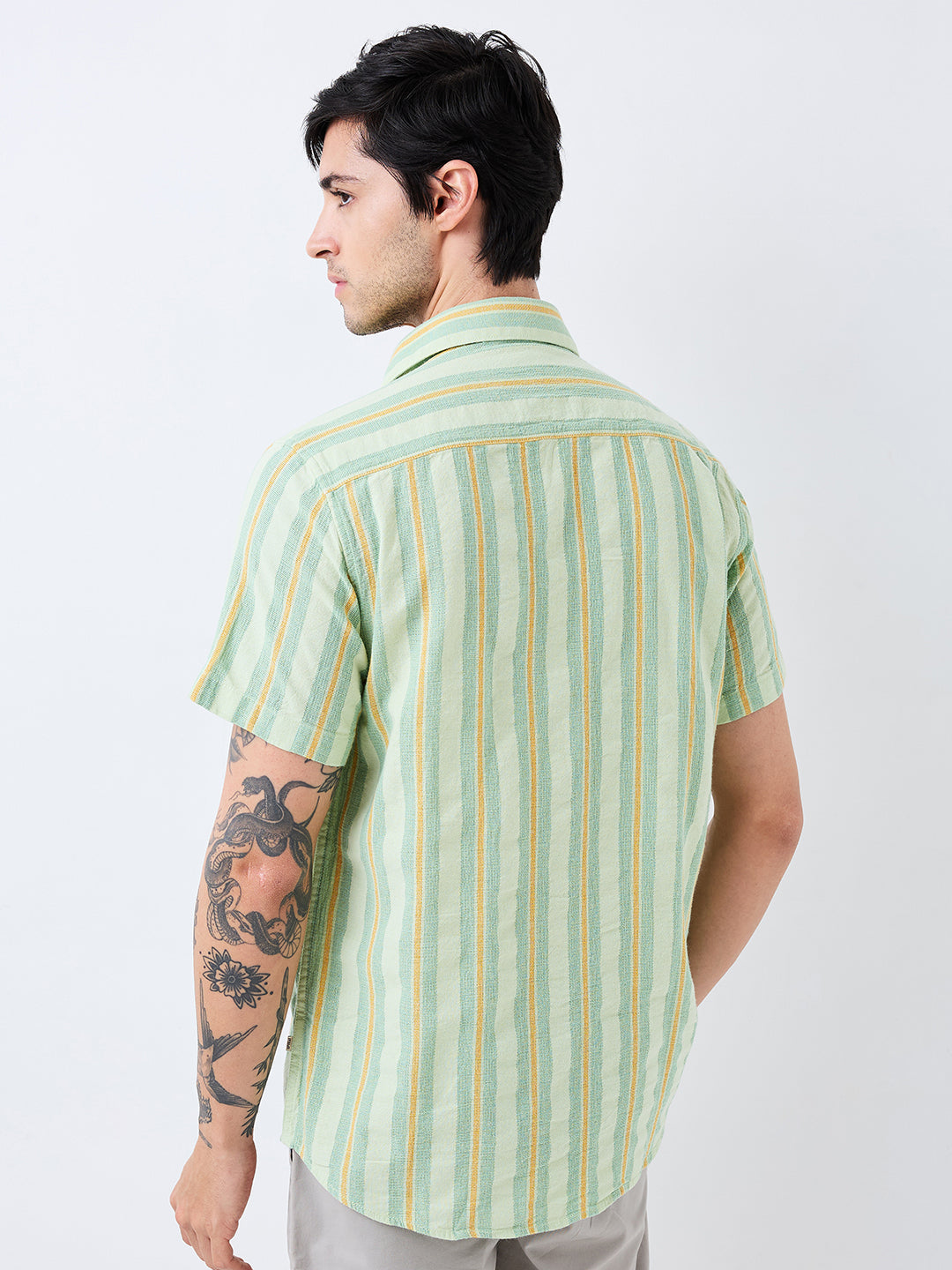 Spykar Green Slim Fit Striped Half Sleeve Shirt For Men