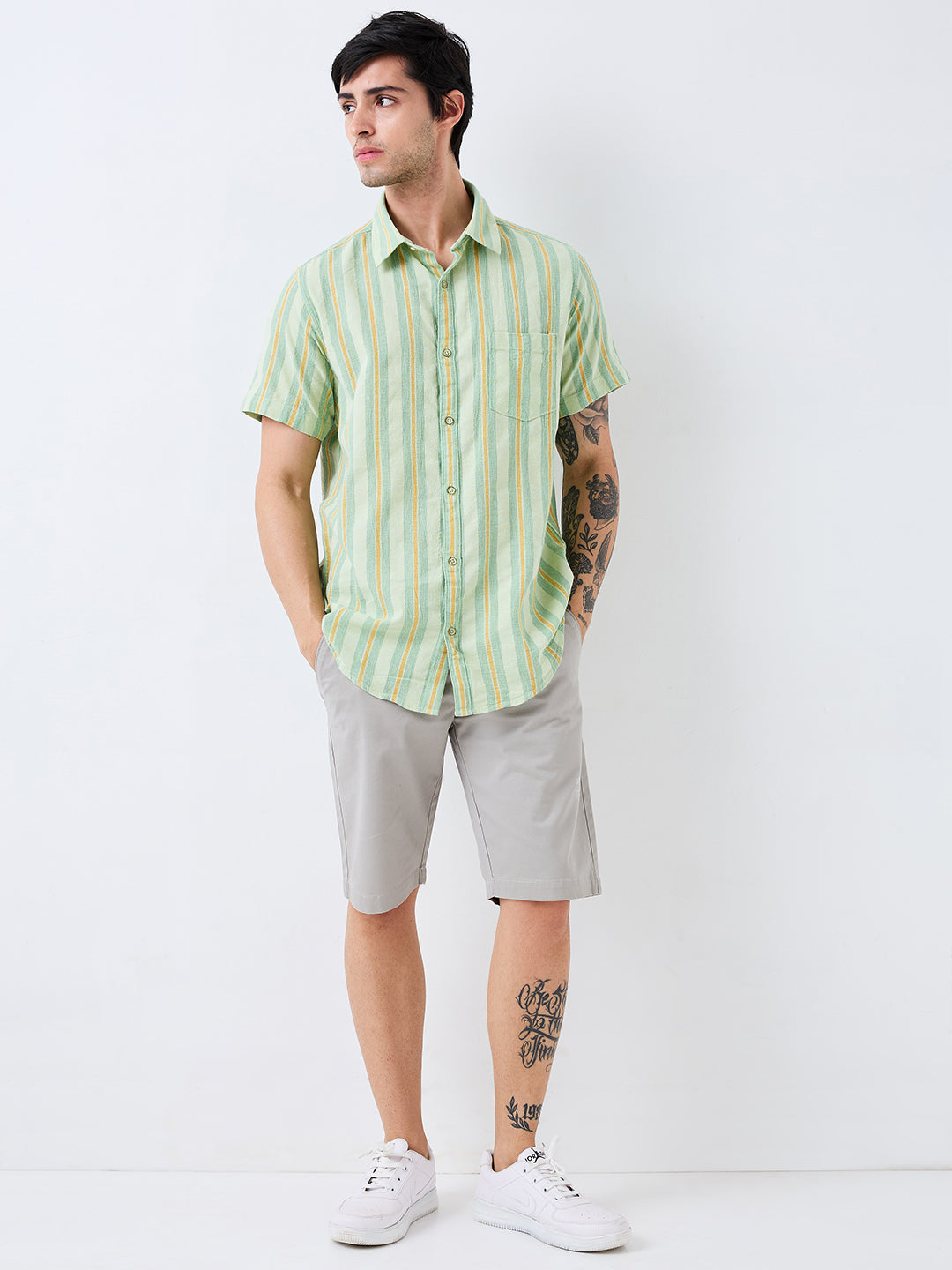 Spykar Green Slim Fit Striped Half Sleeve Shirt For Men