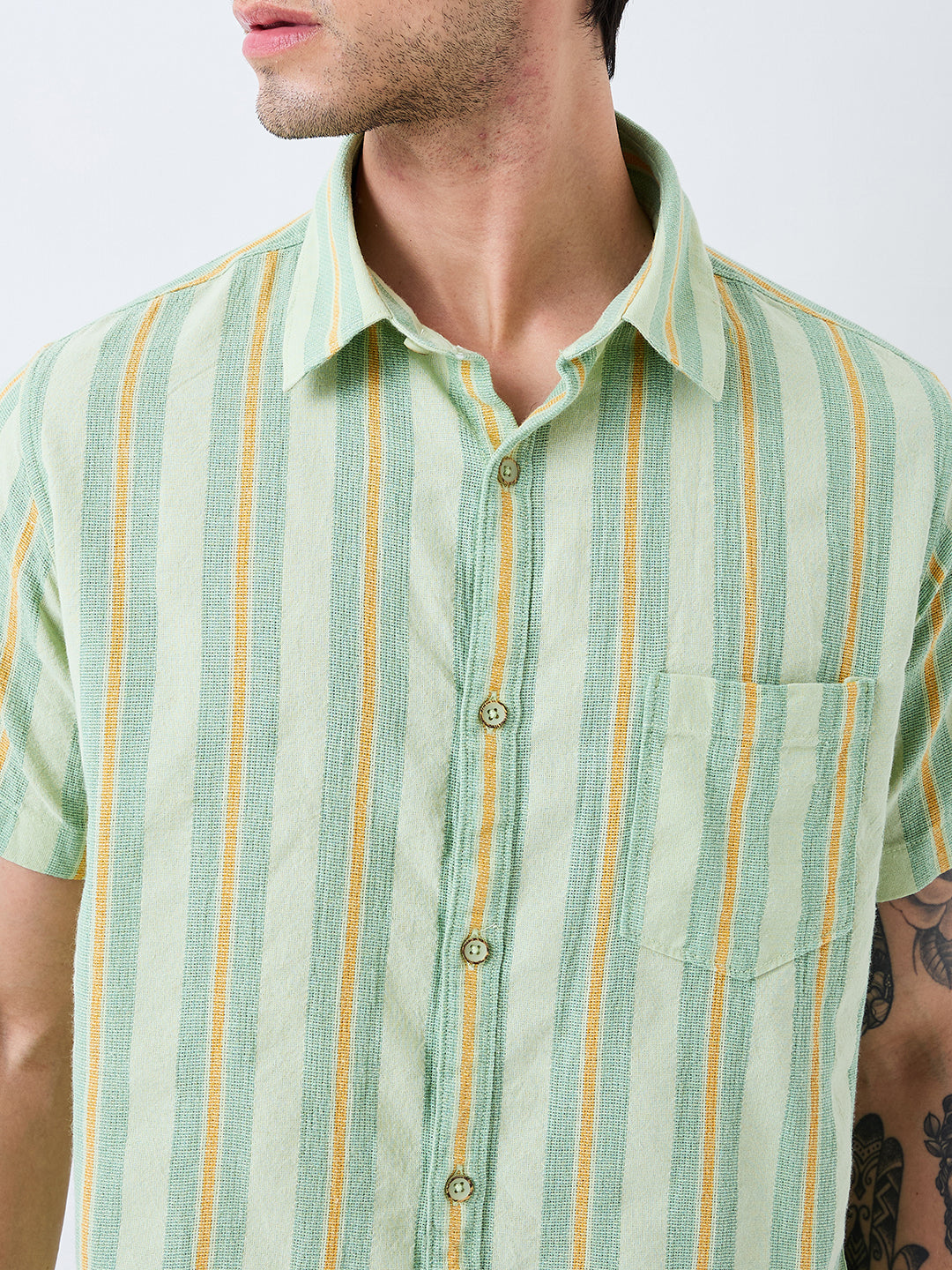 Spykar Green Slim Fit Striped Half Sleeve Shirt For Men