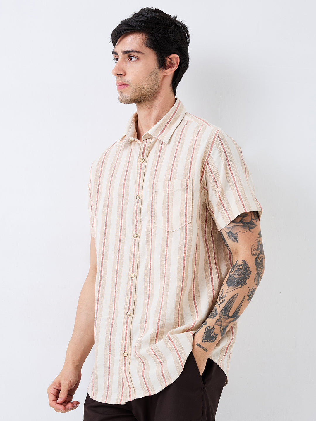 Spykar White Slim Fit Striped Half Sleeve Shirt For Men