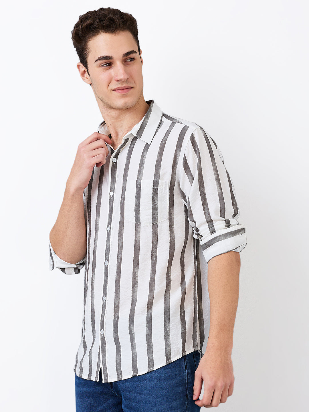 Spykar Grey Slim Fit Striped Full Sleeve Shirt For Men