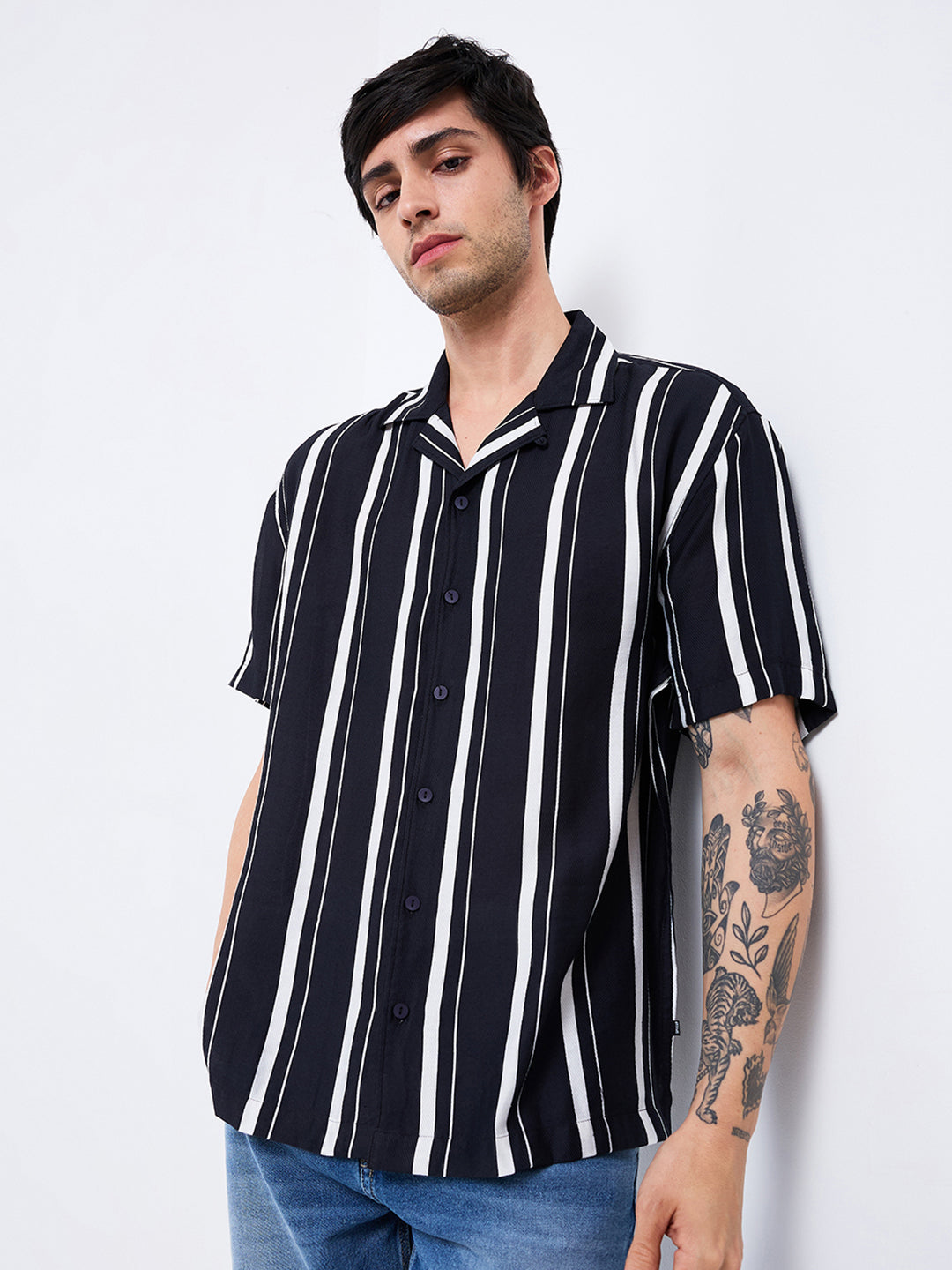 Spykar Black Relaxed Fit Striped Half Sleeve Shirt For Men