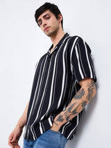 Men Shirt Stripe Black Relaxed Fit