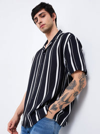 Men Shirt Stripe Black Relaxed Fit