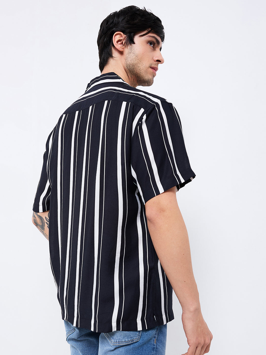 Spykar Black Relaxed Fit Striped Half Sleeve Shirt For Men