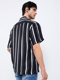 Men Shirt Stripe Black Relaxed Fit