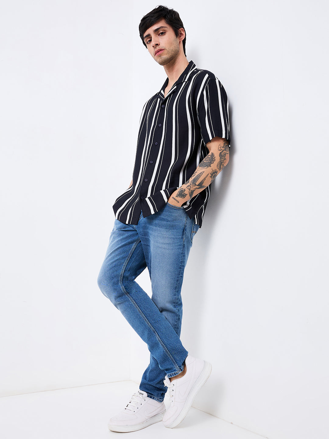 Spykar Black Relaxed Fit Striped Half Sleeve Shirt For Men