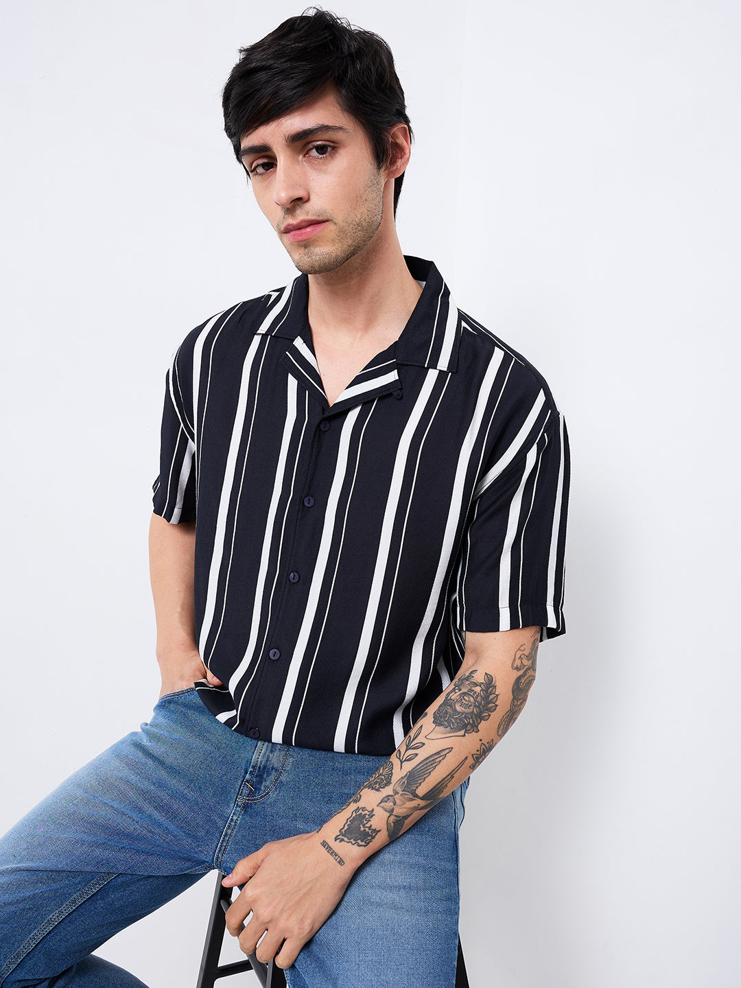 Spykar Black Relaxed Fit Striped Half Sleeve Shirt For Men