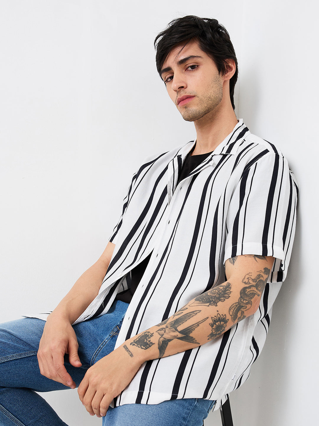 Spykar White Relaxed Fit Striped Half Sleeve Shirt For Men