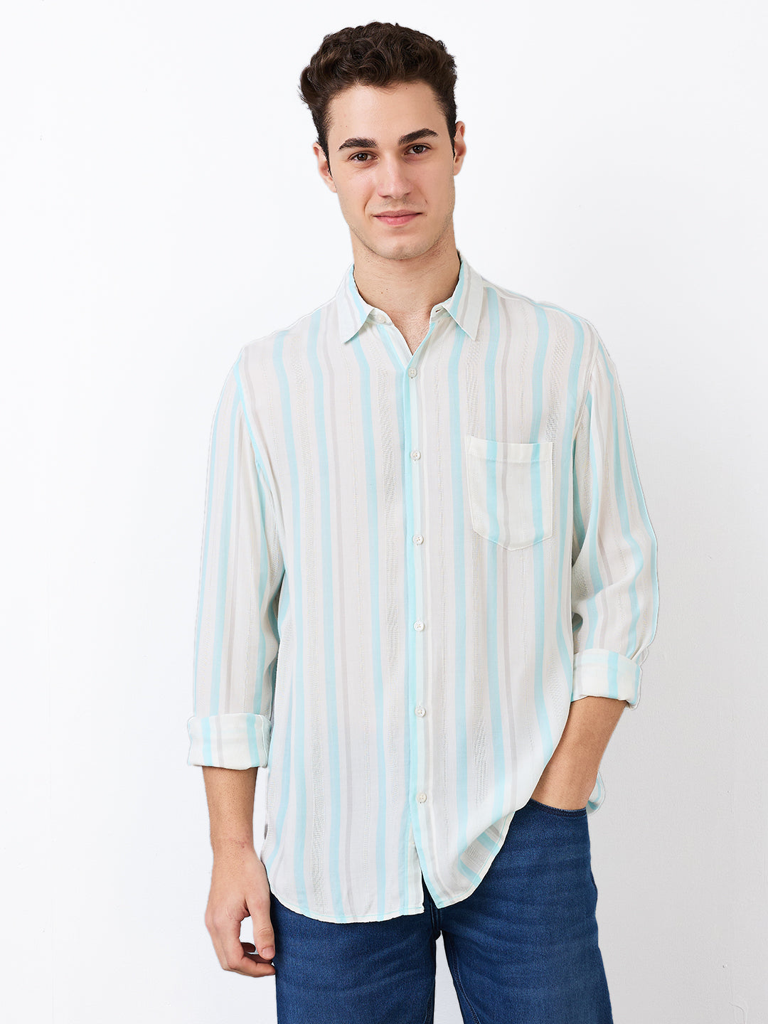 Spykar Blue Slim Fit Striped Full Sleeve Shirt For Men