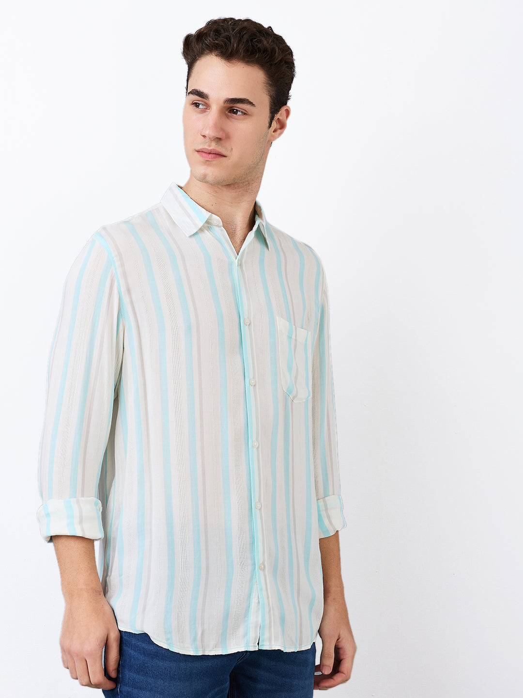 Spykar Blue Slim Fit Striped Full Sleeve Shirt For Men