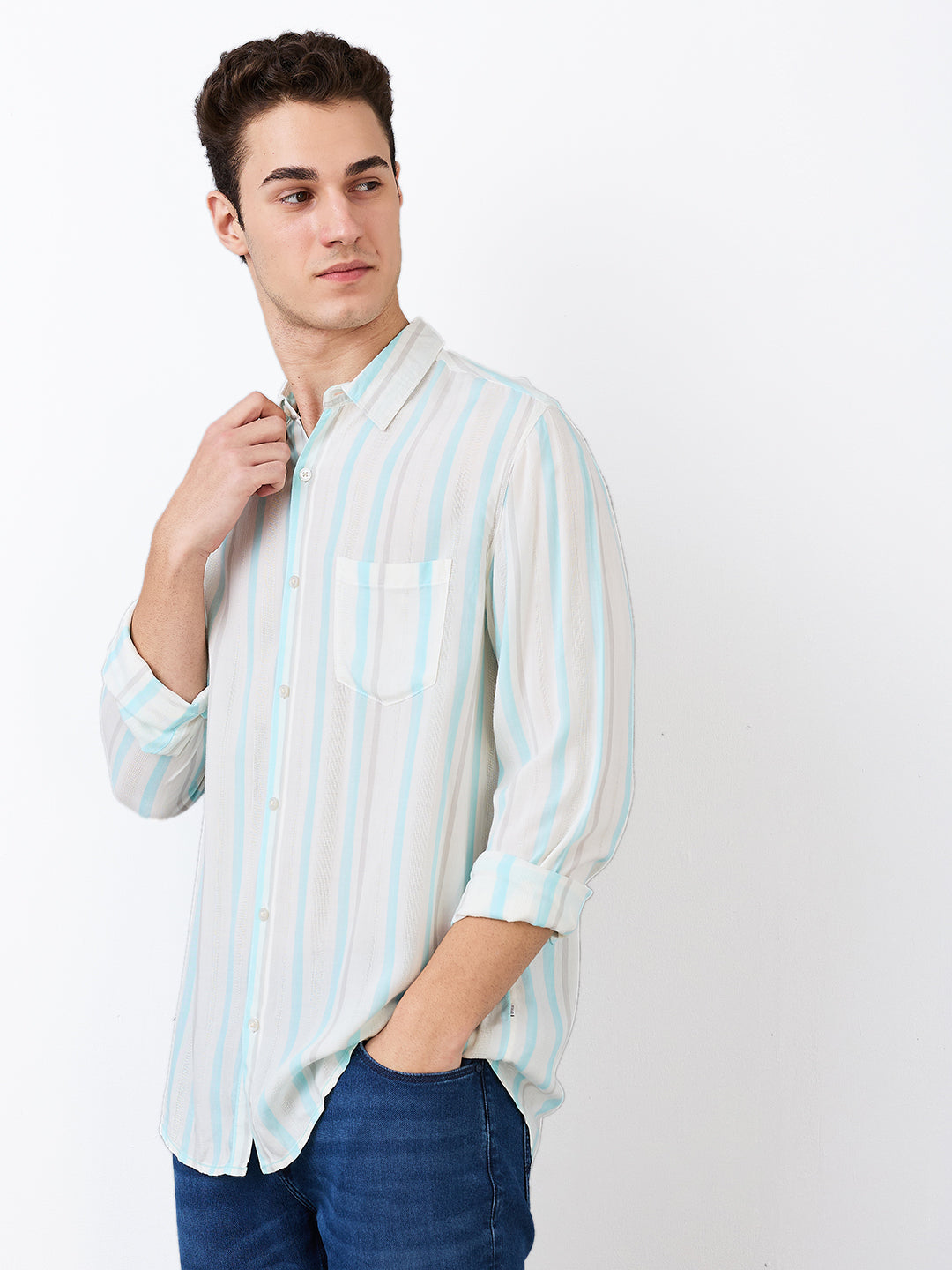 Spykar Blue Slim Fit Striped Full Sleeve Shirt For Men