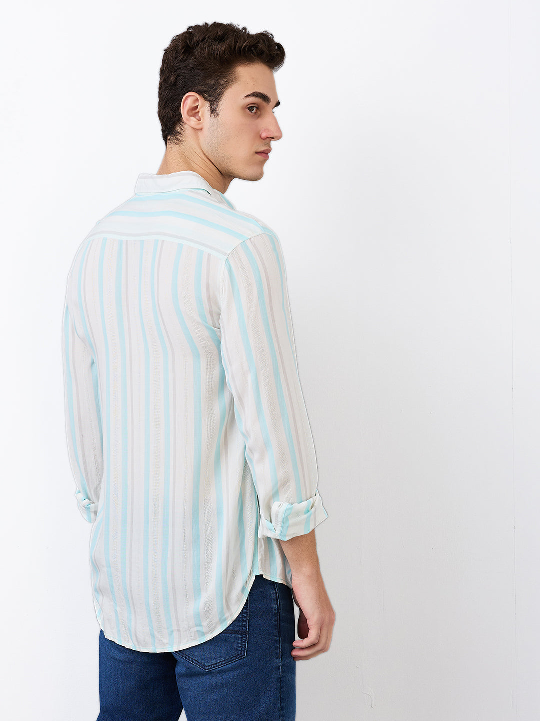 Spykar Blue Slim Fit Striped Full Sleeve Shirt For Men