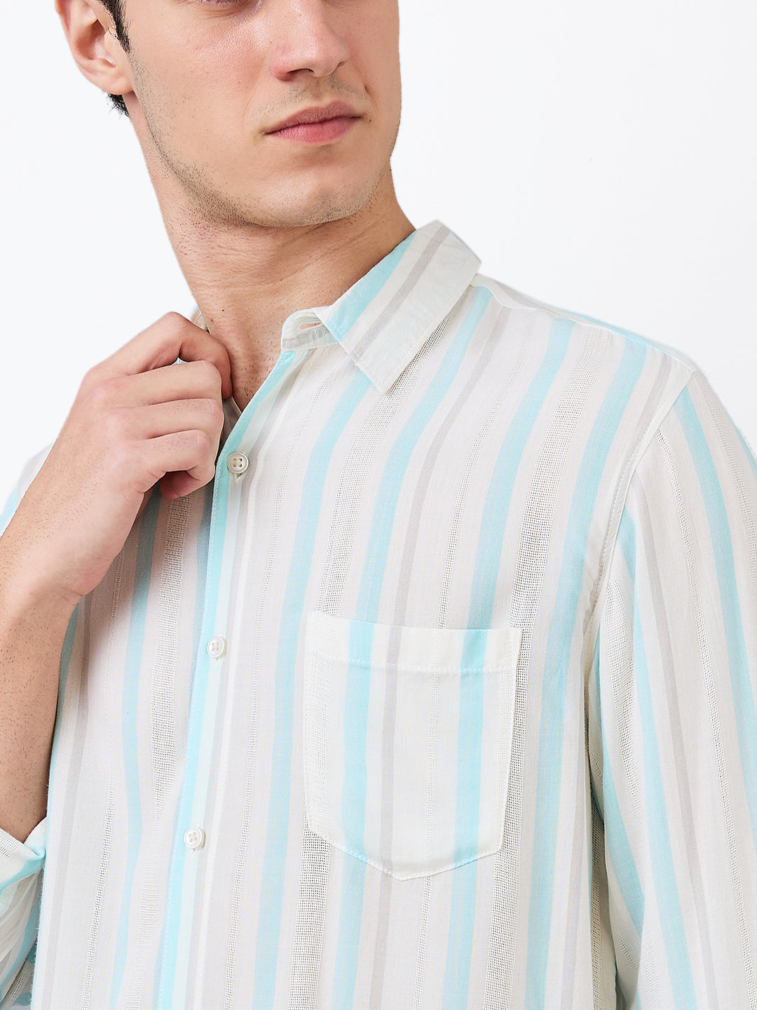 Spykar Blue Slim Fit Striped Full Sleeve Shirt For Men