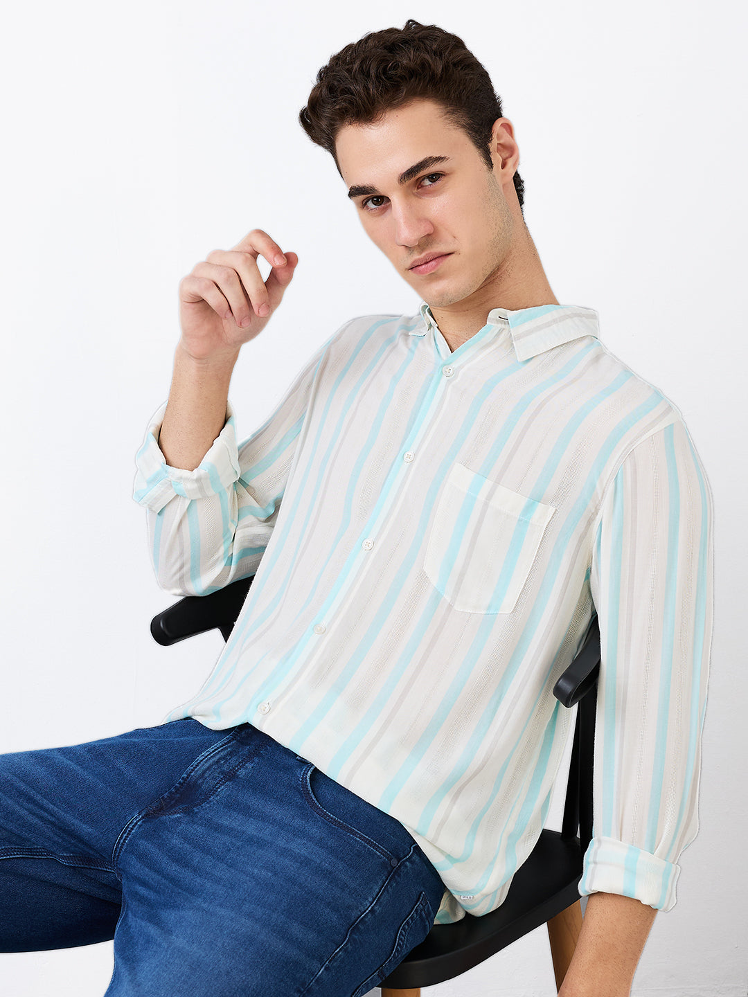 Spykar Blue Slim Fit Striped Full Sleeve Shirt For Men