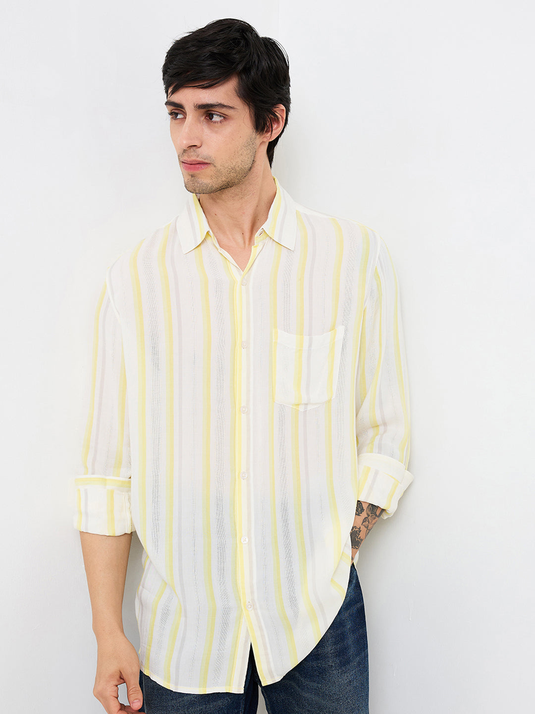 Spykar Yellow Slim Fit Striped Full Sleeve Shirt For Men