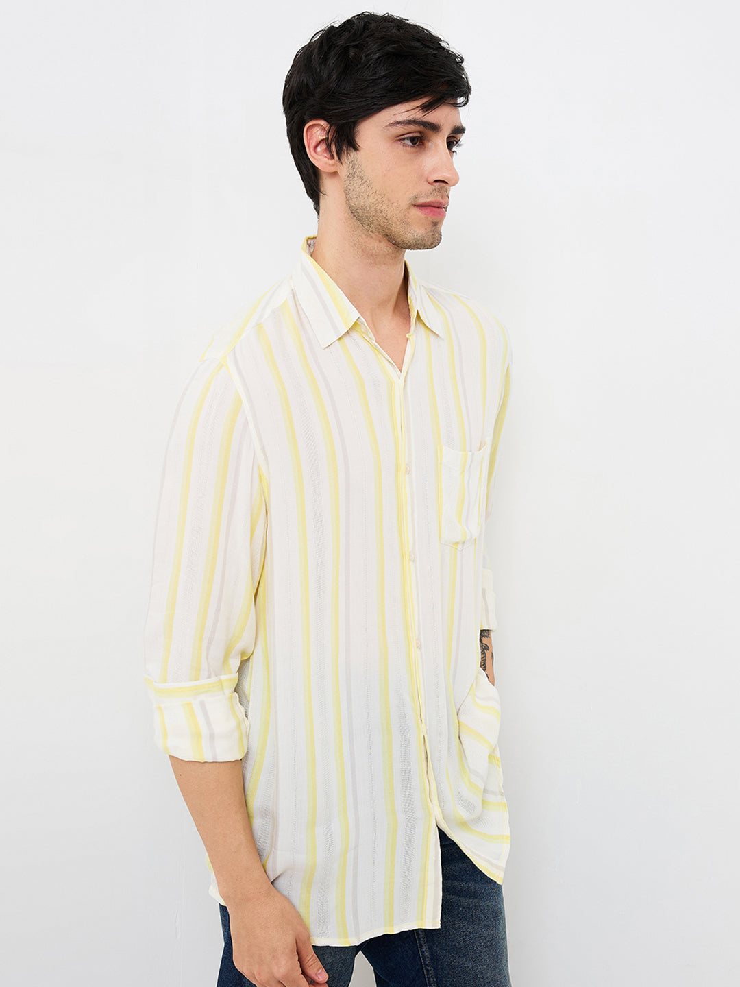 Spykar Yellow Slim Fit Striped Full Sleeve Shirt For Men