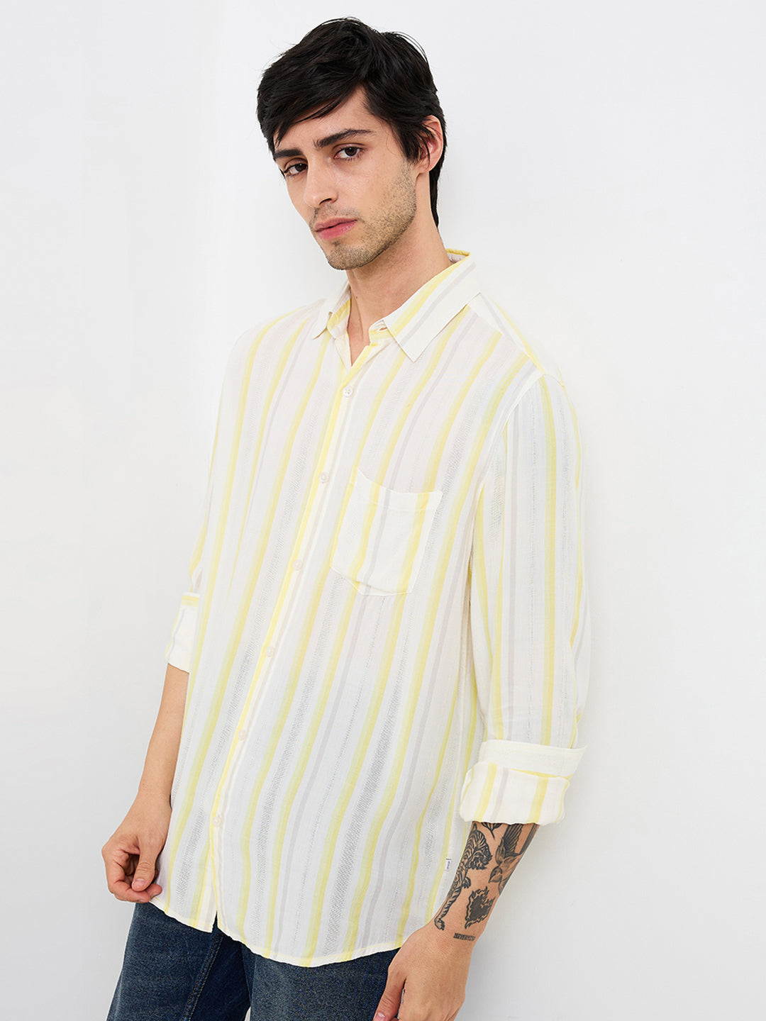 Spykar Yellow Slim Fit Striped Full Sleeve Shirt For Men