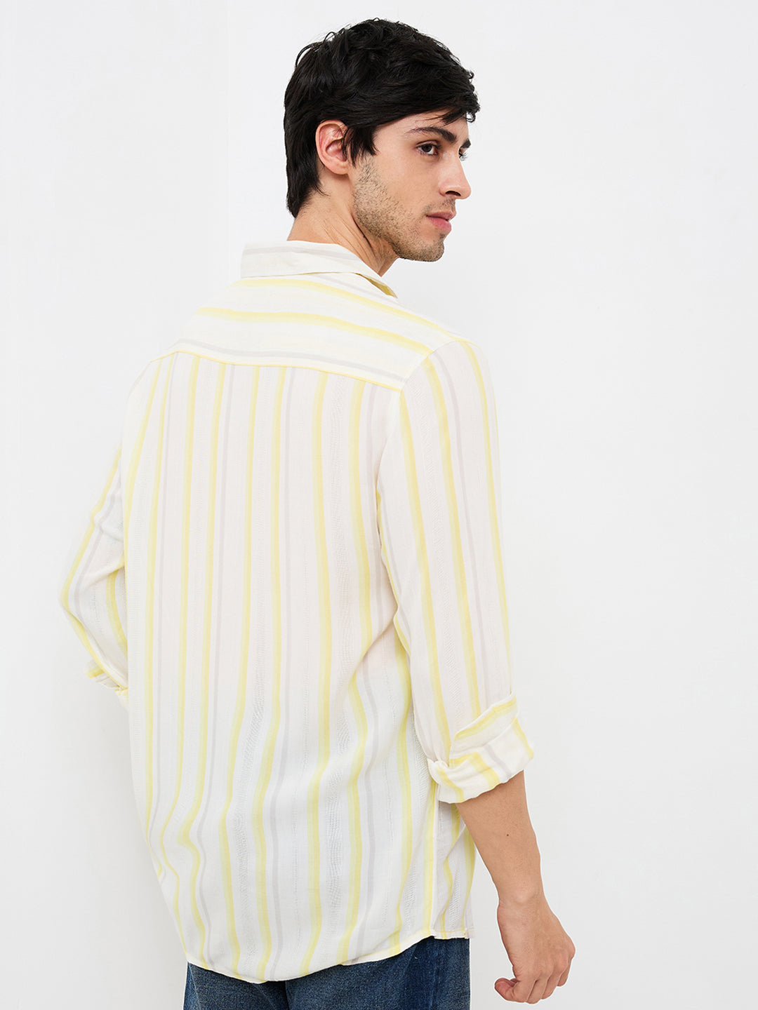 Spykar Yellow Slim Fit Striped Full Sleeve Shirt For Men