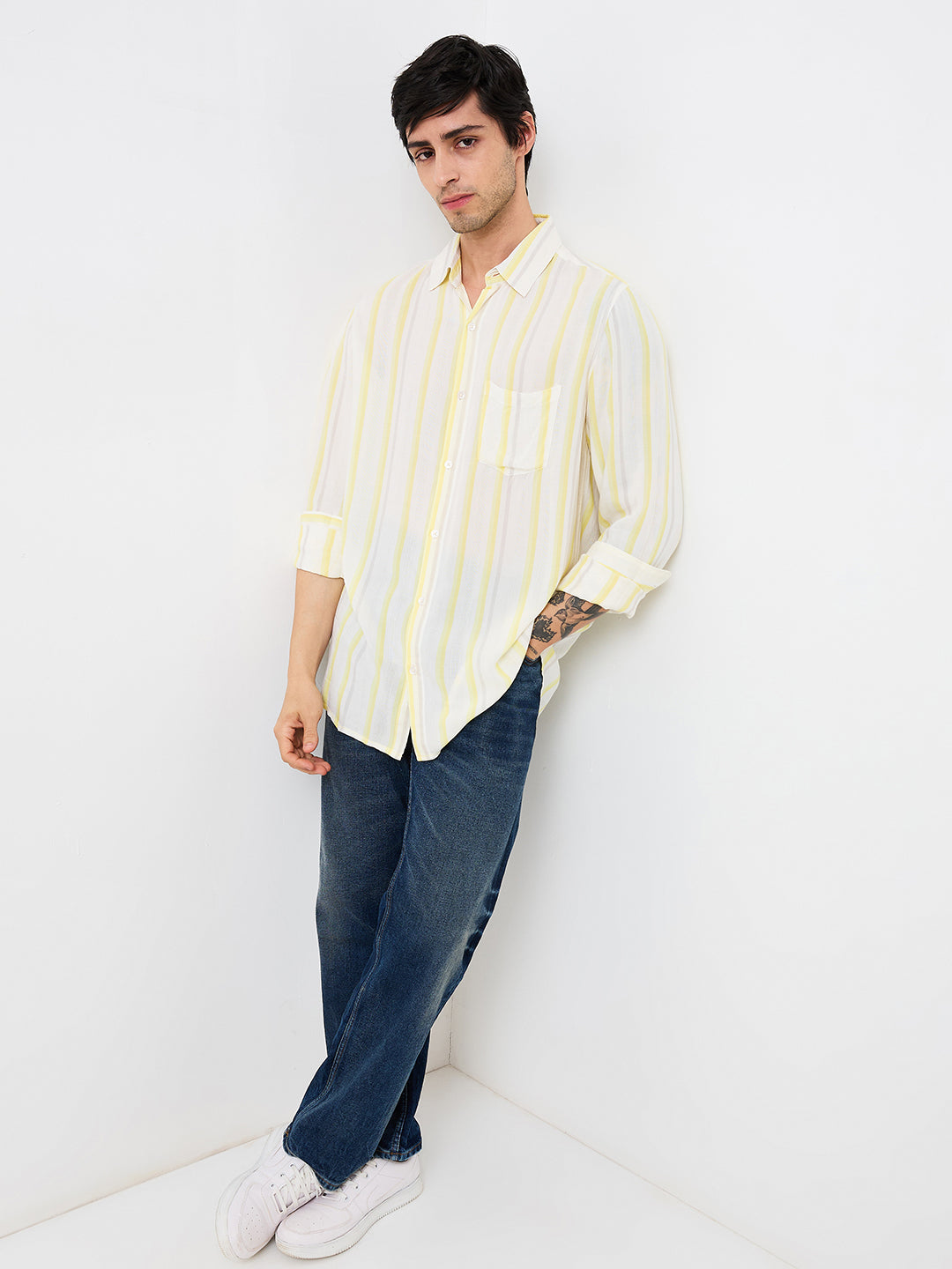 Spykar Yellow Slim Fit Striped Full Sleeve Shirt For Men