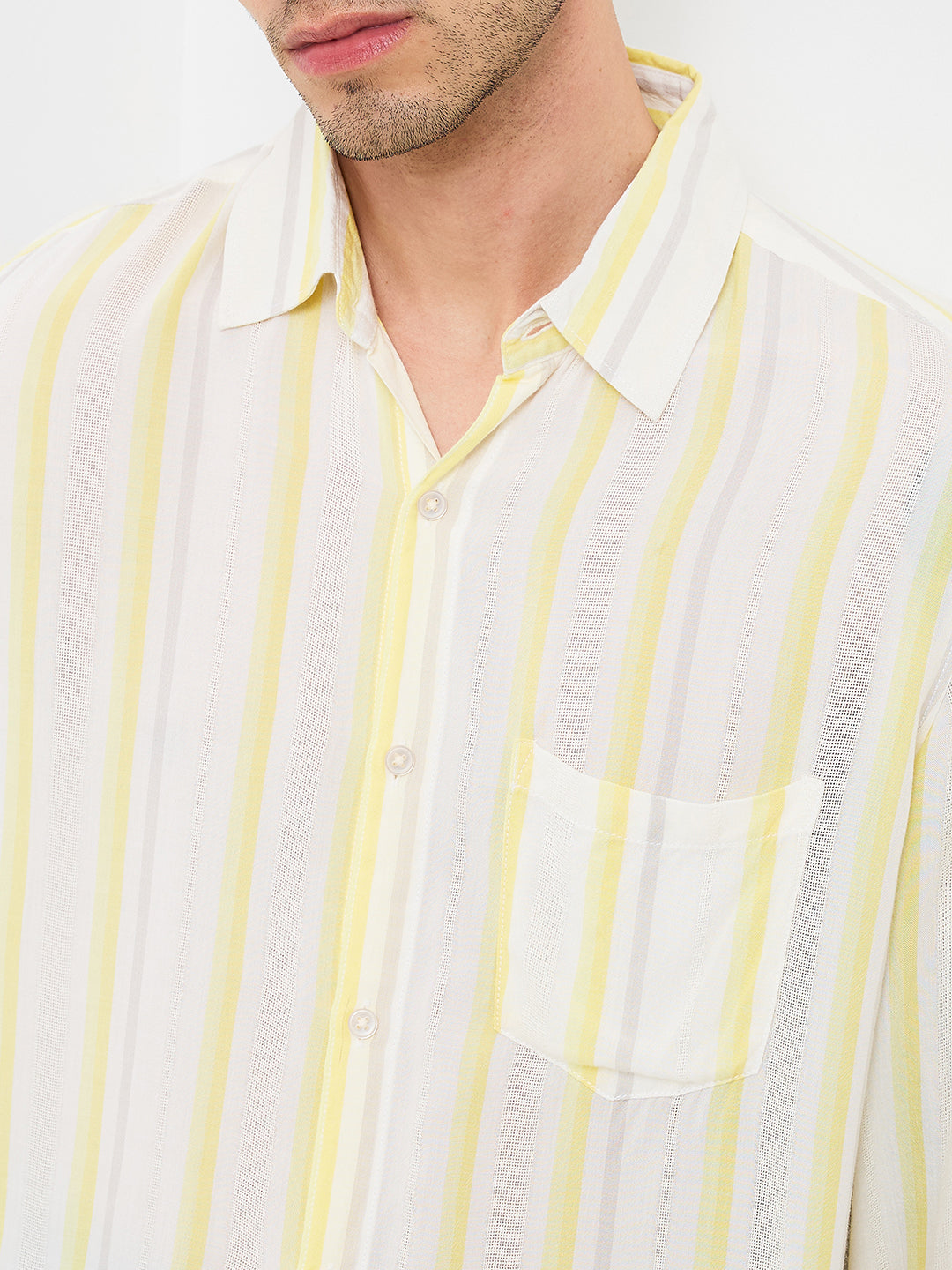 Spykar Yellow Slim Fit Striped Full Sleeve Shirt For Men