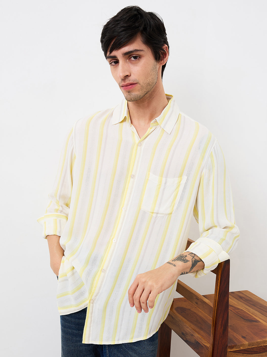 Spykar Yellow Slim Fit Striped Full Sleeve Shirt For Men