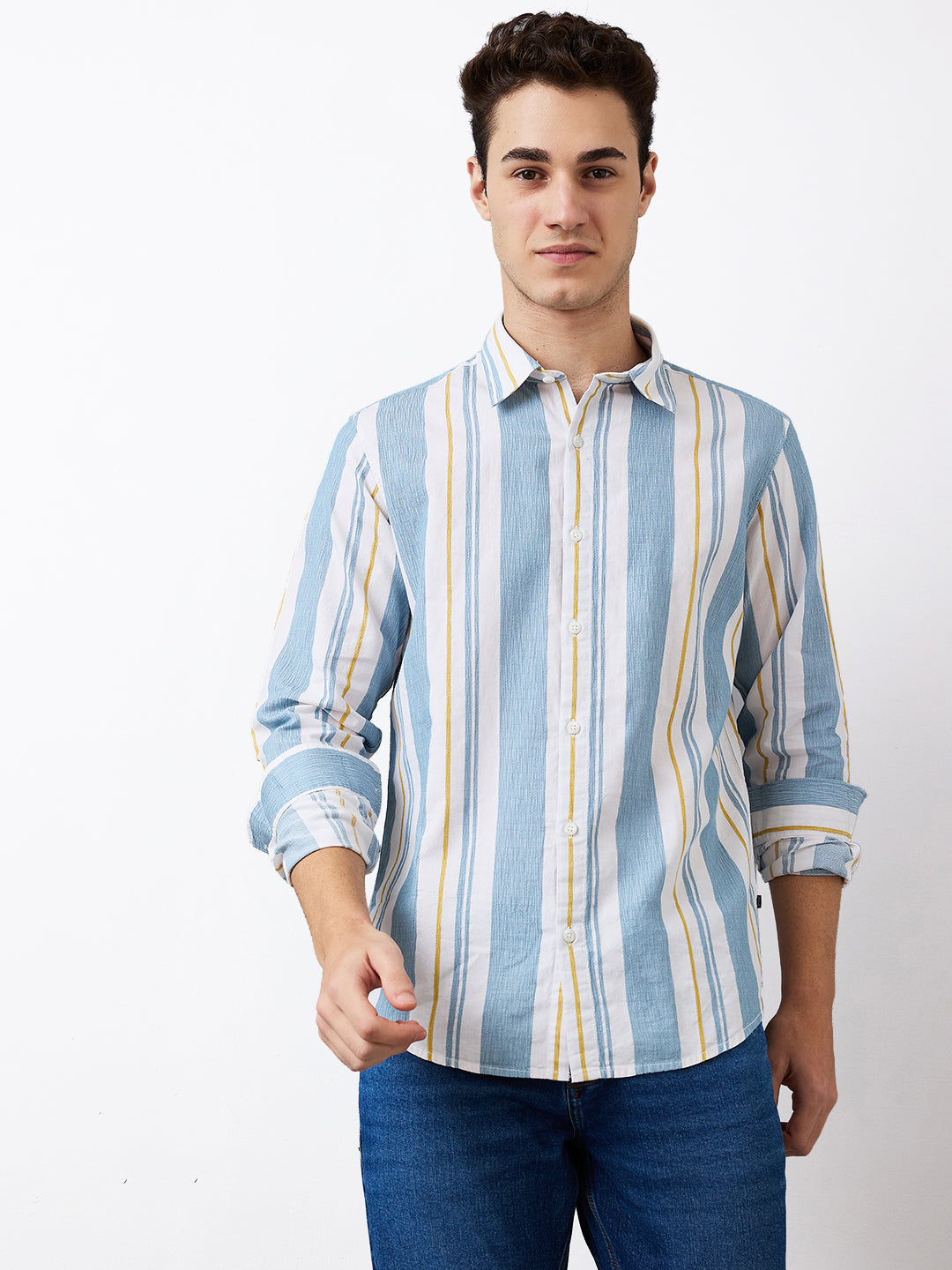 Spykar Blue Slim Fit Striped Full Sleeve Shirt For Men