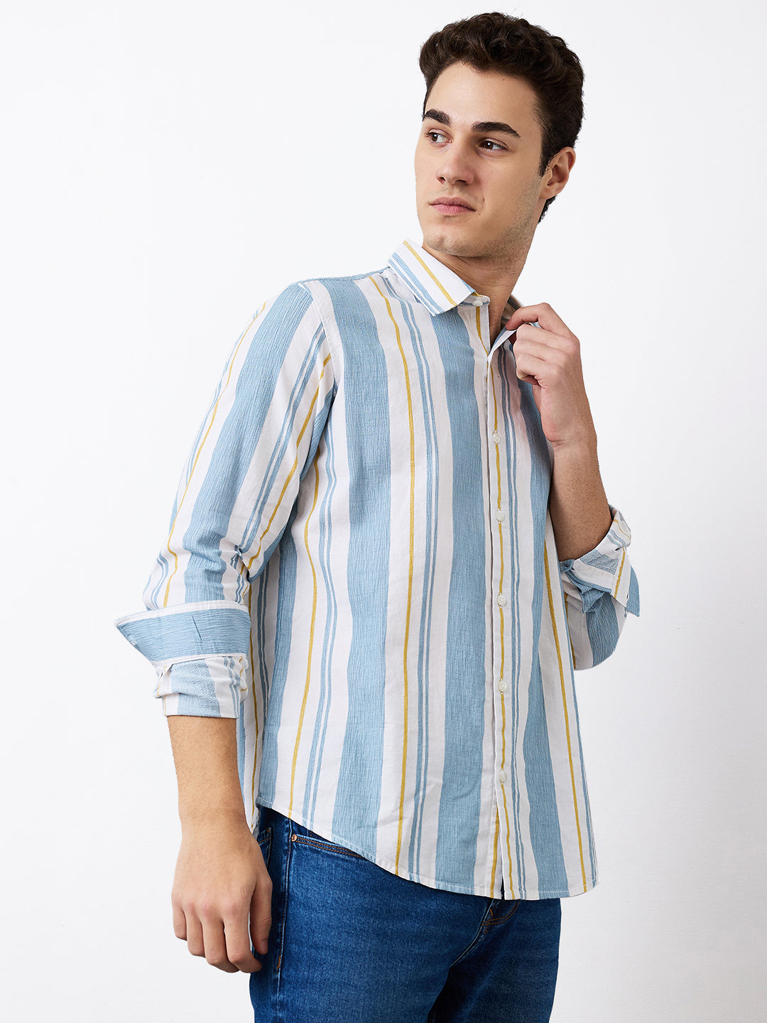 Spykar Blue Slim Fit Striped Full Sleeve Shirt For Men