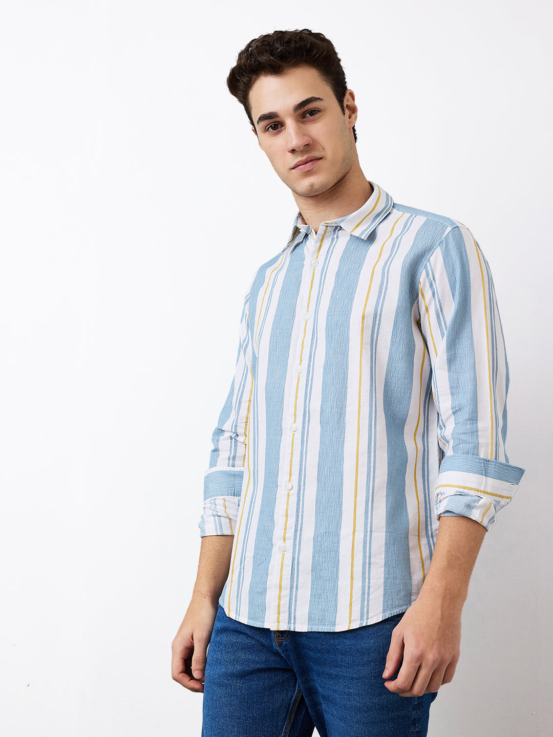 Spykar Blue Slim Fit Striped Full Sleeve Shirt For Men