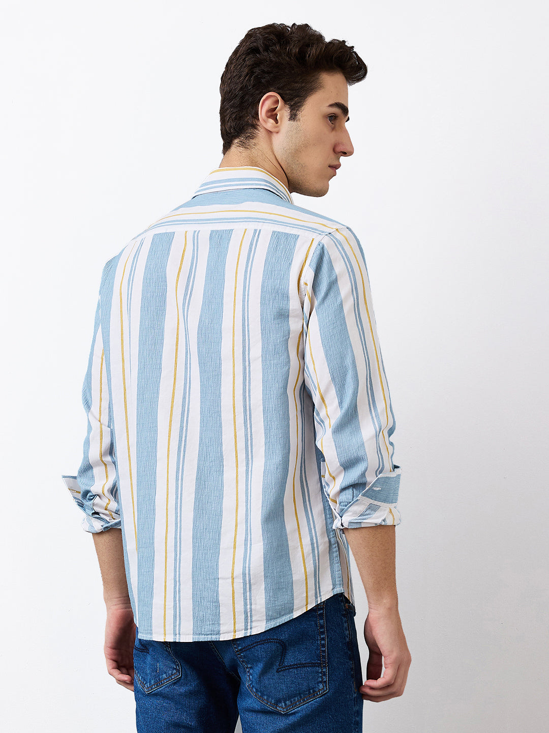 Spykar Blue Slim Fit Striped Full Sleeve Shirt For Men