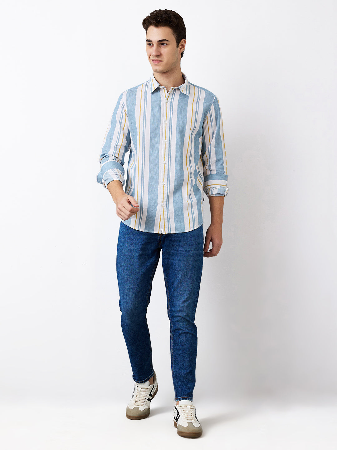 Spykar Blue Slim Fit Striped Full Sleeve Shirt For Men