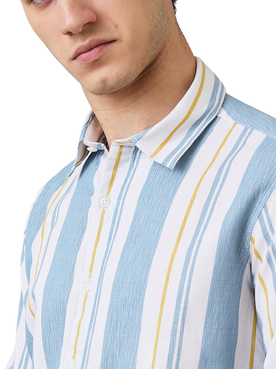 Spykar Blue Slim Fit Striped Full Sleeve Shirt For Men